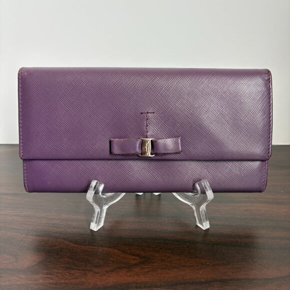 Salvatore Ferragamo Long Wallet Vala Ribbon Leather Purple/Plum - Picture 1 of 14